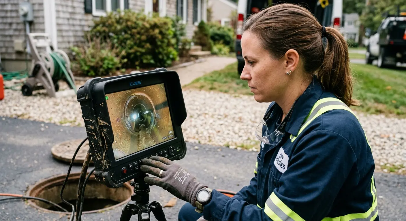 Technician reviewing sewer camera inspection footage in Ocean