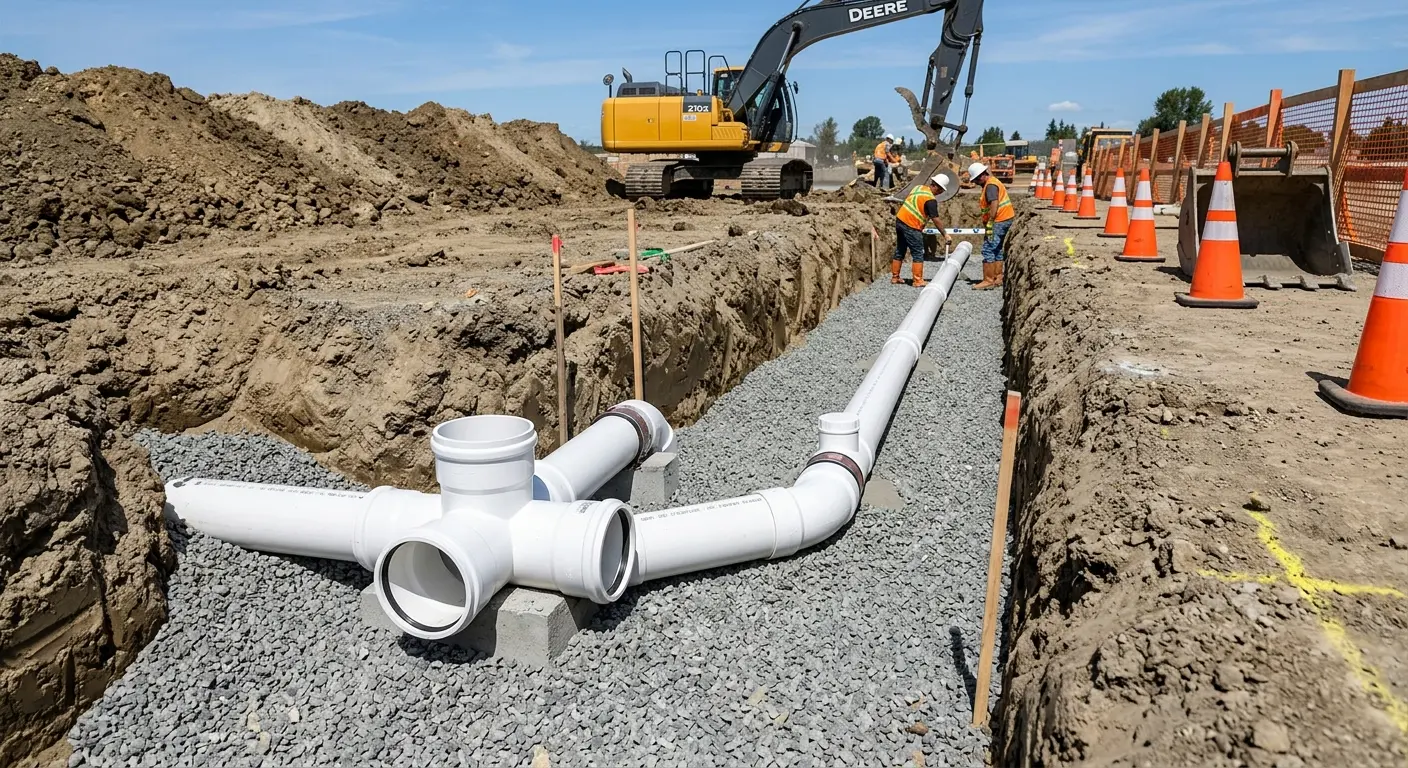 New PVC sewer pipe installation in open trench for Commercial Drain Cleaning in Ocean