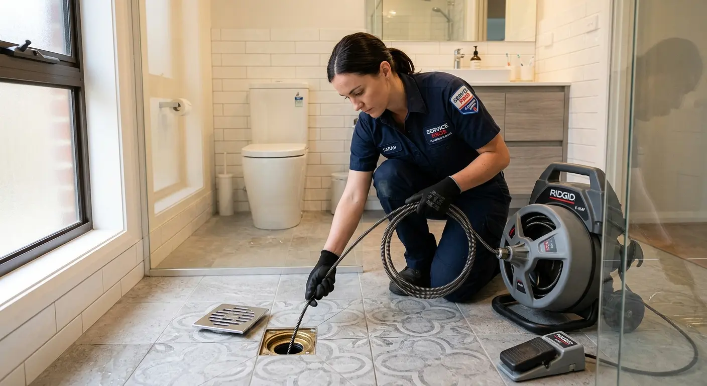 Technician clearing a bathroom floor drain for Hydro Jetting in Ocean